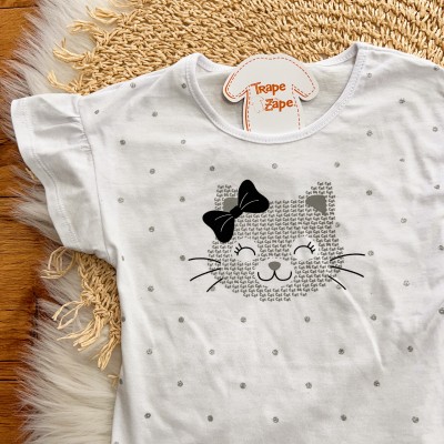 Conj. Blusa Cat e Short em Moletinho - Branco e Preto